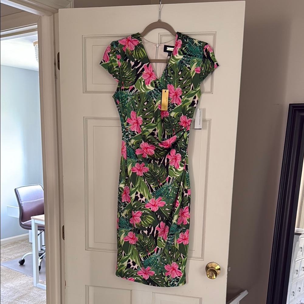 Alexia Admor Pink and Green Ruched Sheath Dress